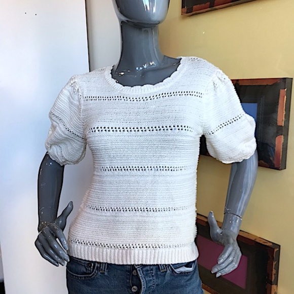 HOUSE OF HARLOW Pointelle Knit Puff-Sleeve Sweater NWOT/sz: S - Picture 3 of 12